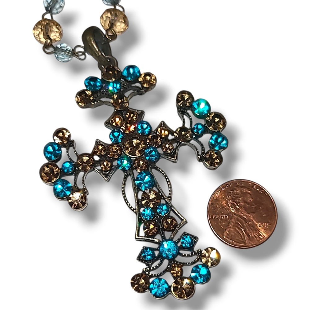 Vintage 90s Blue Amber Rhinestone Cross Pendant Necklace Beaded Chain Gothic - Picture 2 of 4